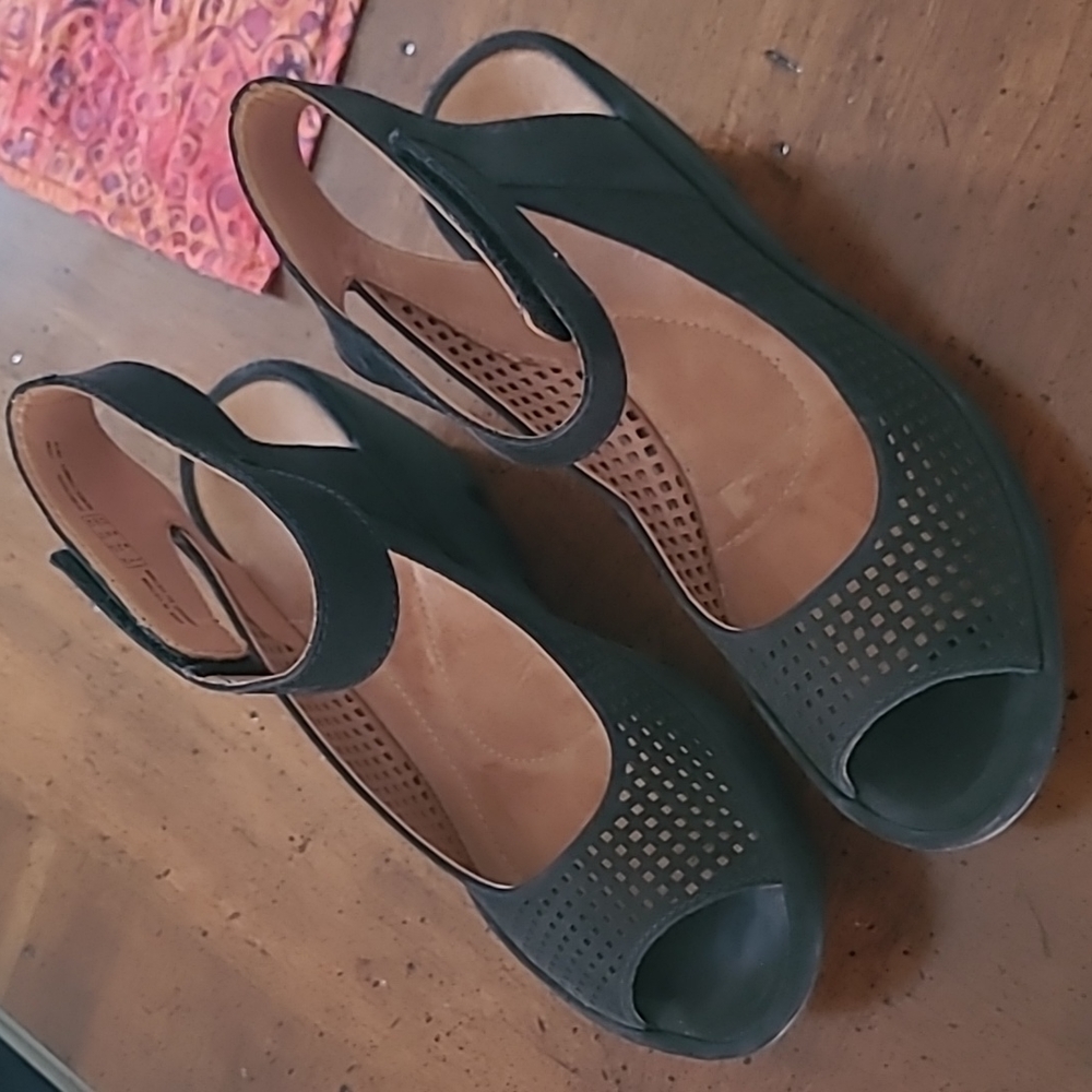 Clarks Black Peep-Toe Wedge Sandals